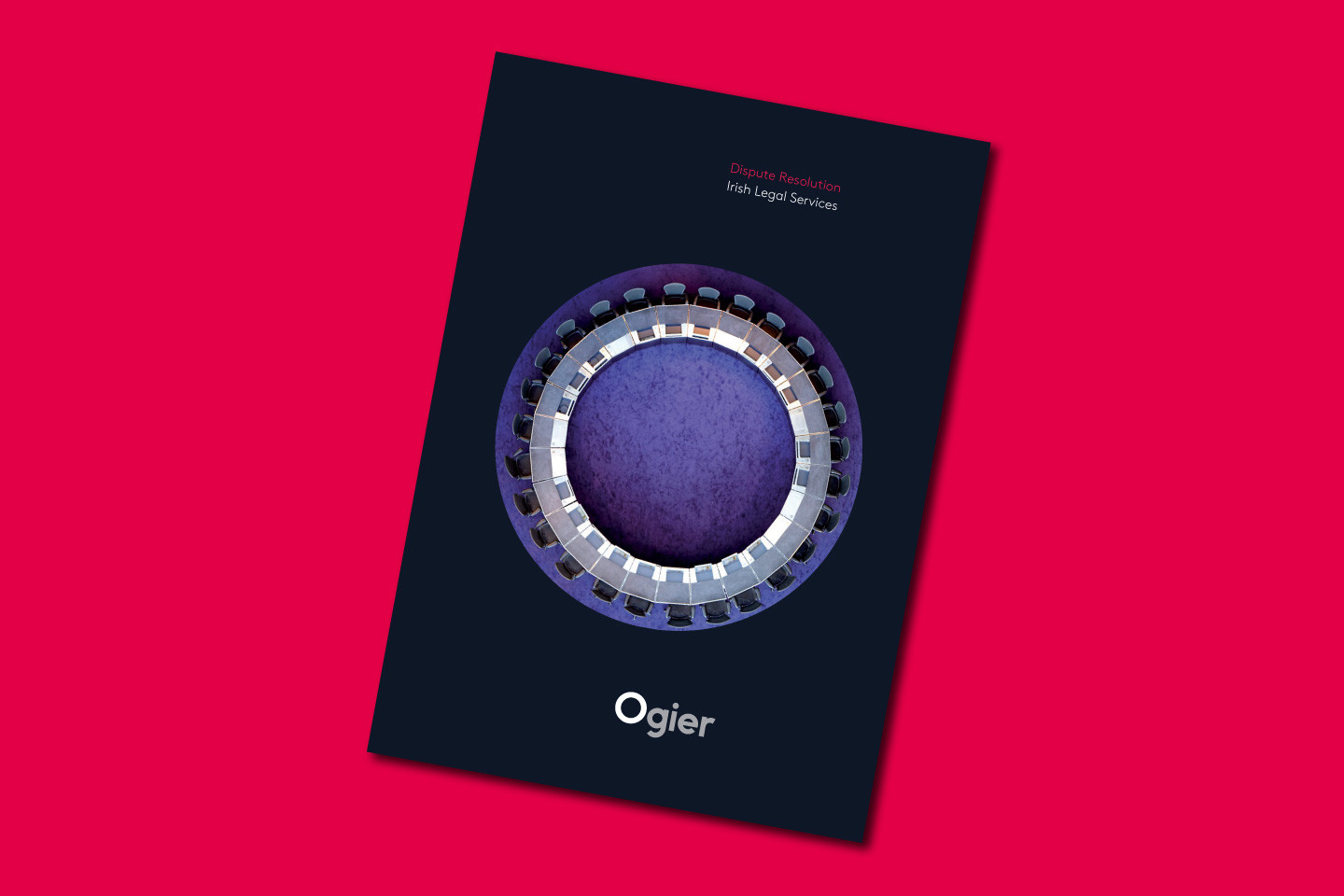 Ogier Ireland Dispute Resolution brochure cover featuring circular arrangement of meeting chairs on a deep blue background with Ogier logo
