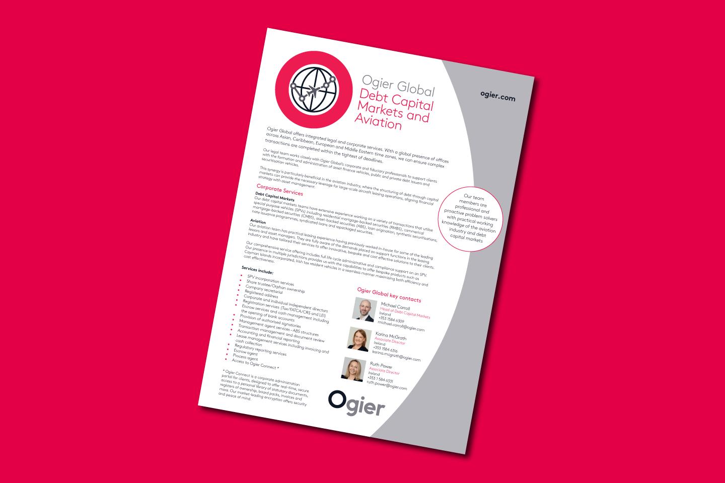 Infographic summarises Ogier Global’s debt capital markets and aviation services, featuring a globe icon, service highlights and contact profiles