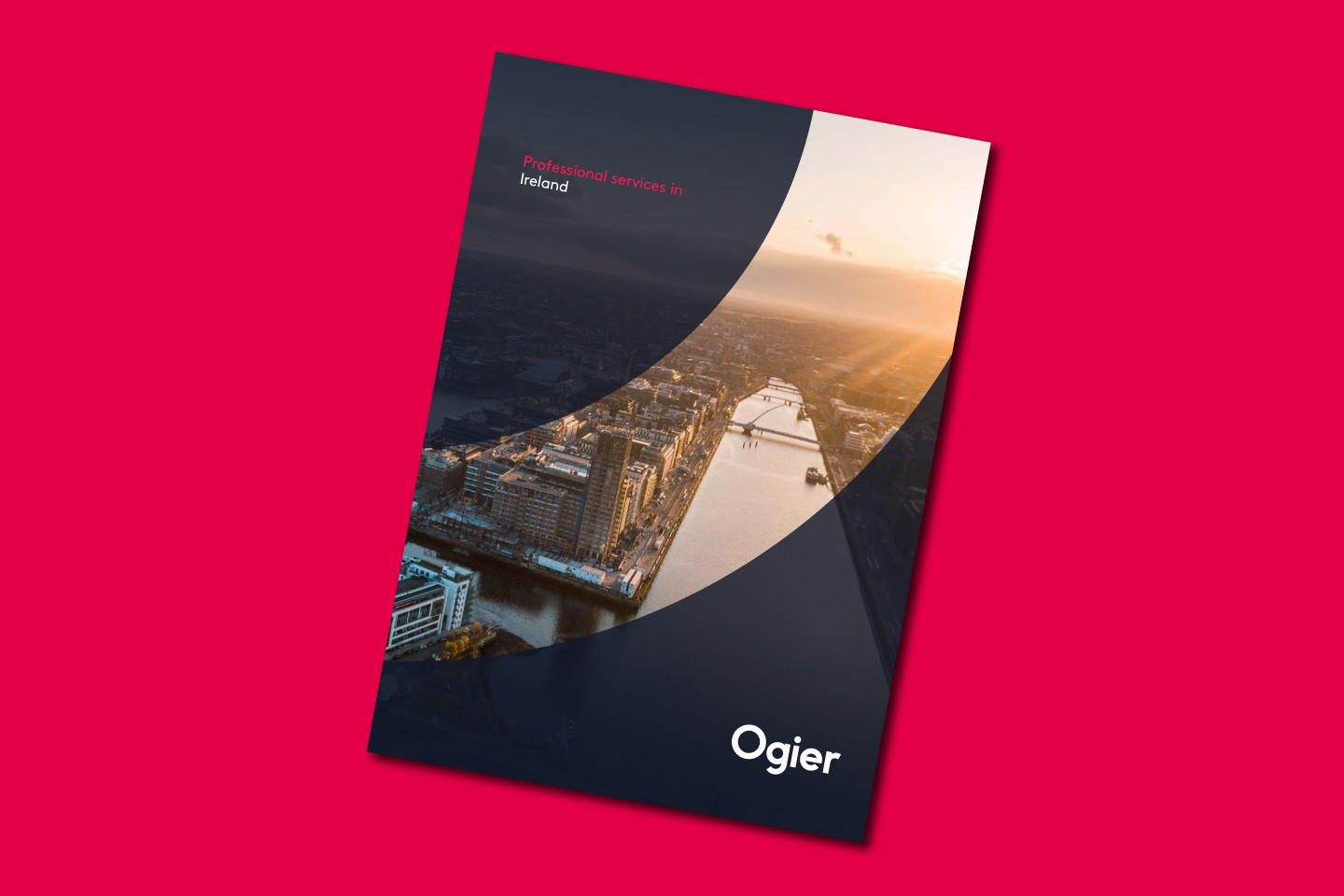 Ogier Ireland Professional Services brochure cover with aerial view of Dublin and river Liffey at sunset, modern circular design elements and Ogier branding