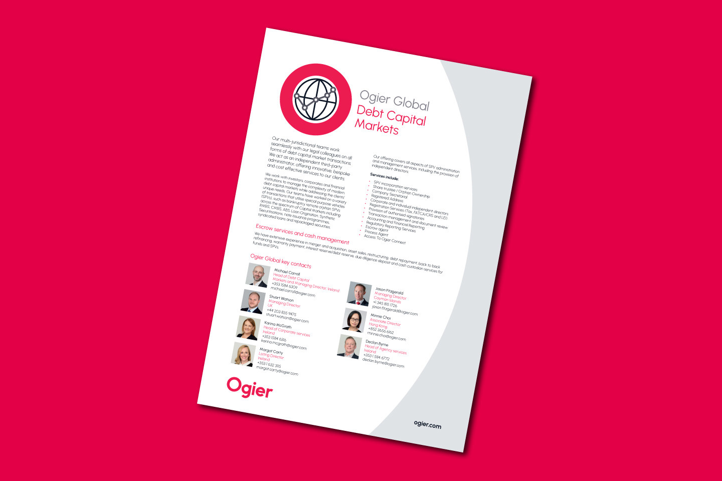 an a4 flyer on ogier global's debt capital market services, including headshots of the team.