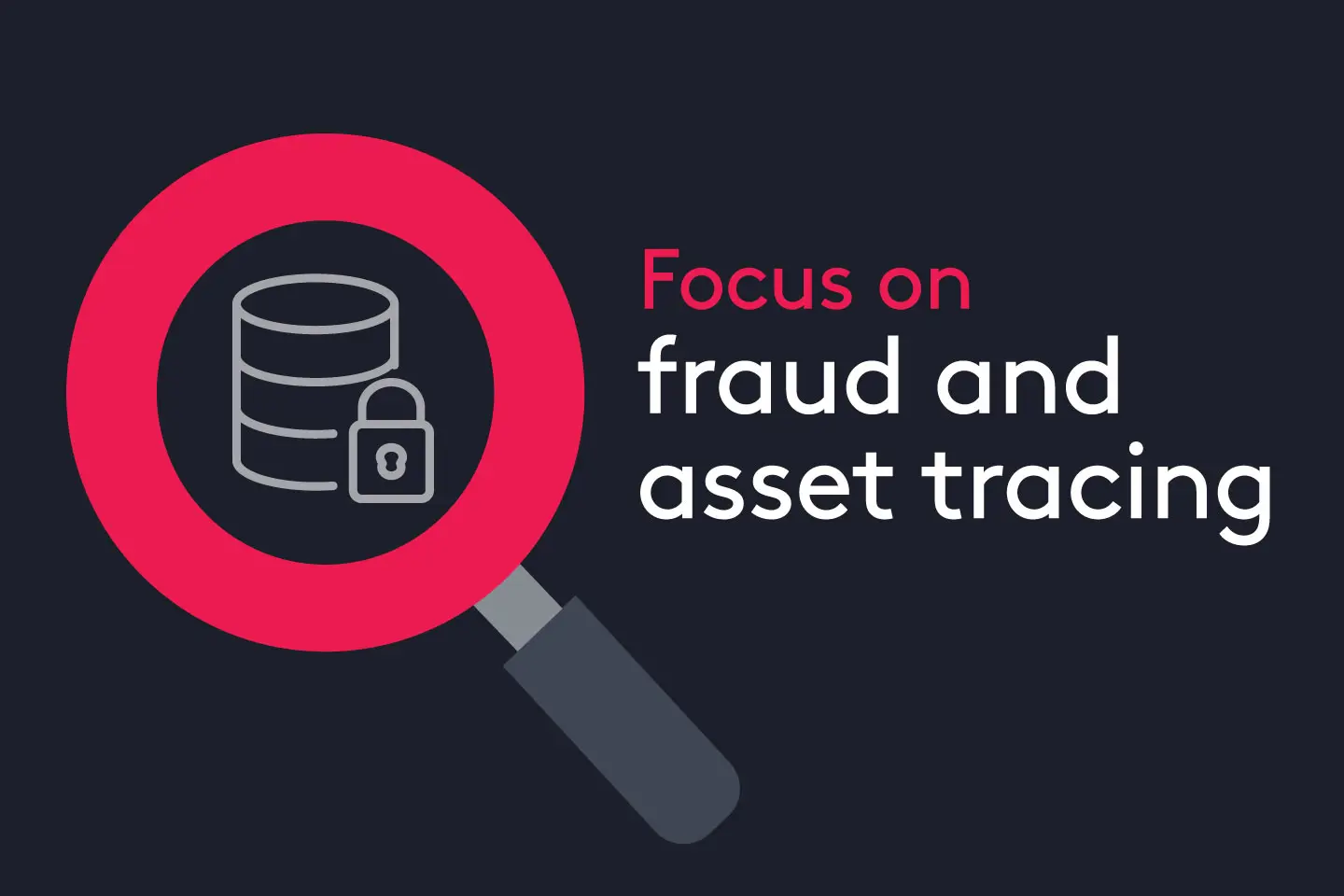 magnifying glass highlights a database and padlock icon with Focus on fraud and asset tracing headline