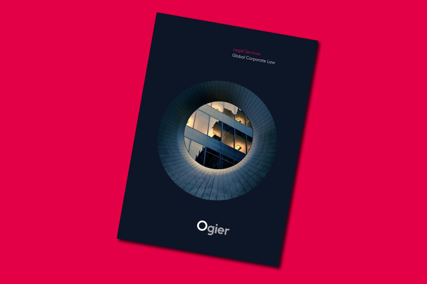 Ogier Corporate Legal Service brochure cover with circular frame revealing modern office windows at dusk, set against a dark background