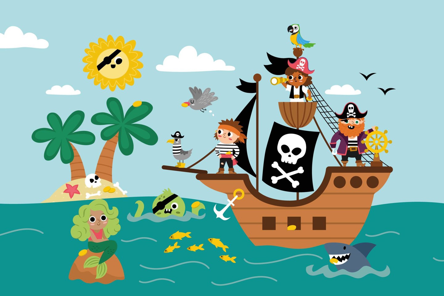 illustration of playful pirate scene with ship, children dressed as pirates, a mermaid swimming, and bright island background