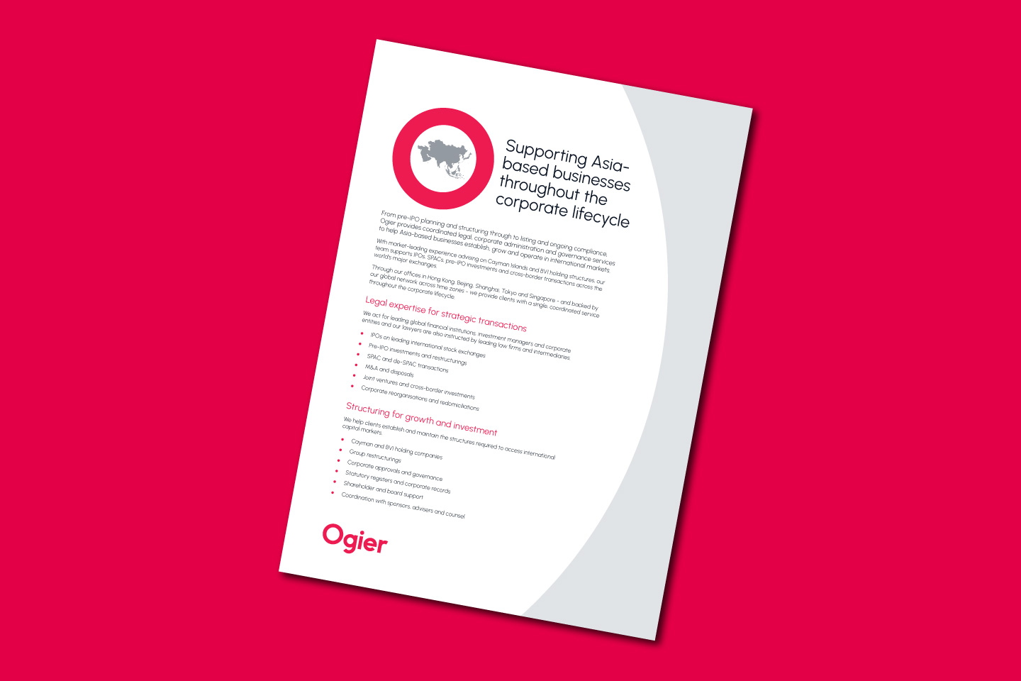 an image of a factsheet outlining how Ogier can support Asia-based businesses throughout the corporate lifecycle on a red background