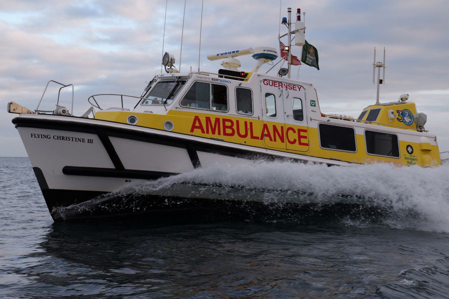 marine ambulance Flying Christine III speeds across the water, supporting the Bailiwick of Guernsey’s fundraising appeal for refurbishment