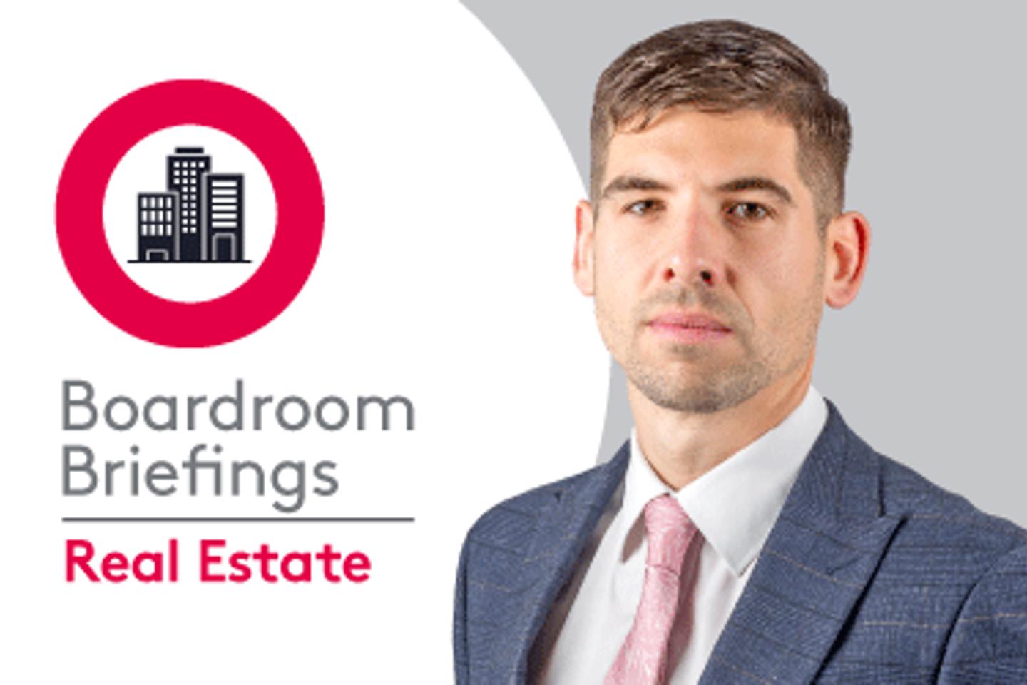 Boardroom Briefings Real Estate branding with cityscape logo with Tom Stevenson.