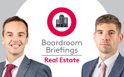Boardroom Briefings Real Estate insights with an illustrated city buildings logo with James Philpott and Lawrie Cunningham