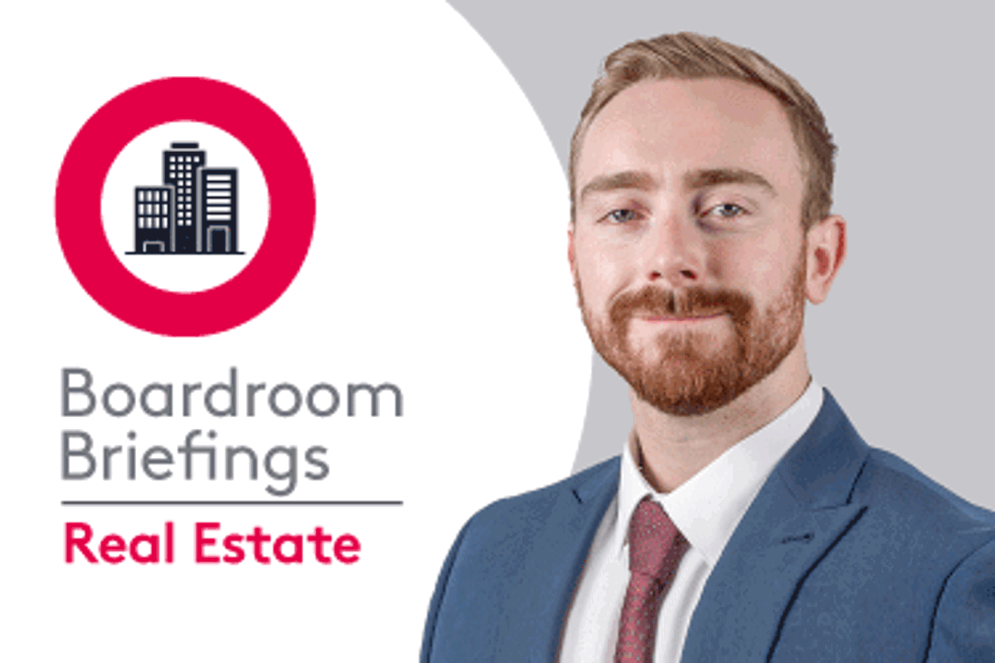 Boardroom Briefings Real Estate branding with illustrated city buildings logo with Matthew French