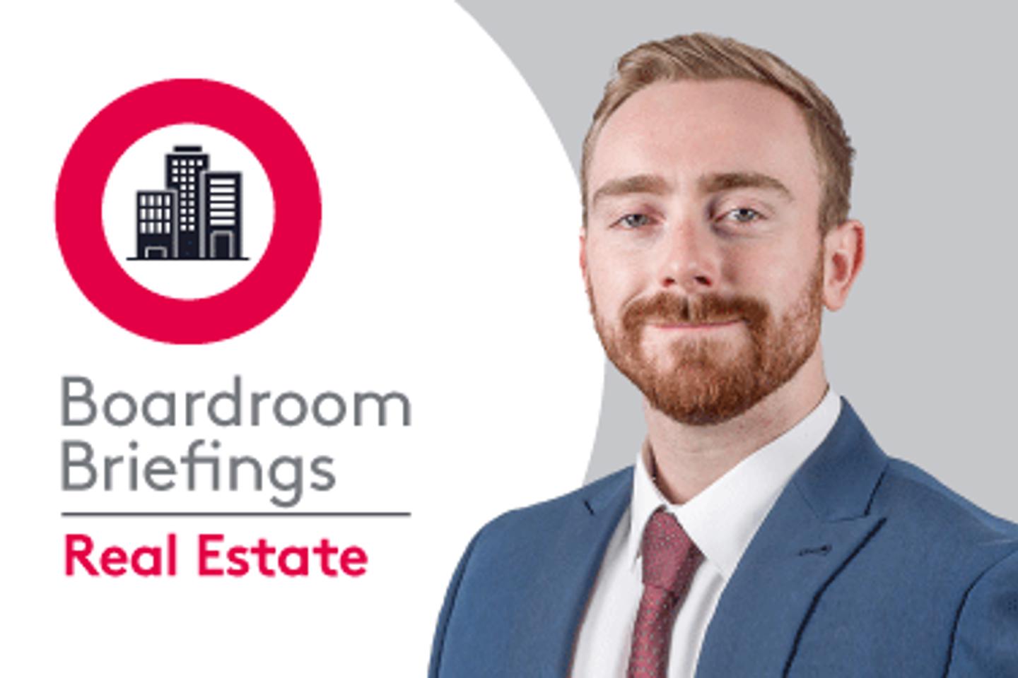 Boardroom Briefings Real Estate branding with illustrated city buildings logo with Matthew French