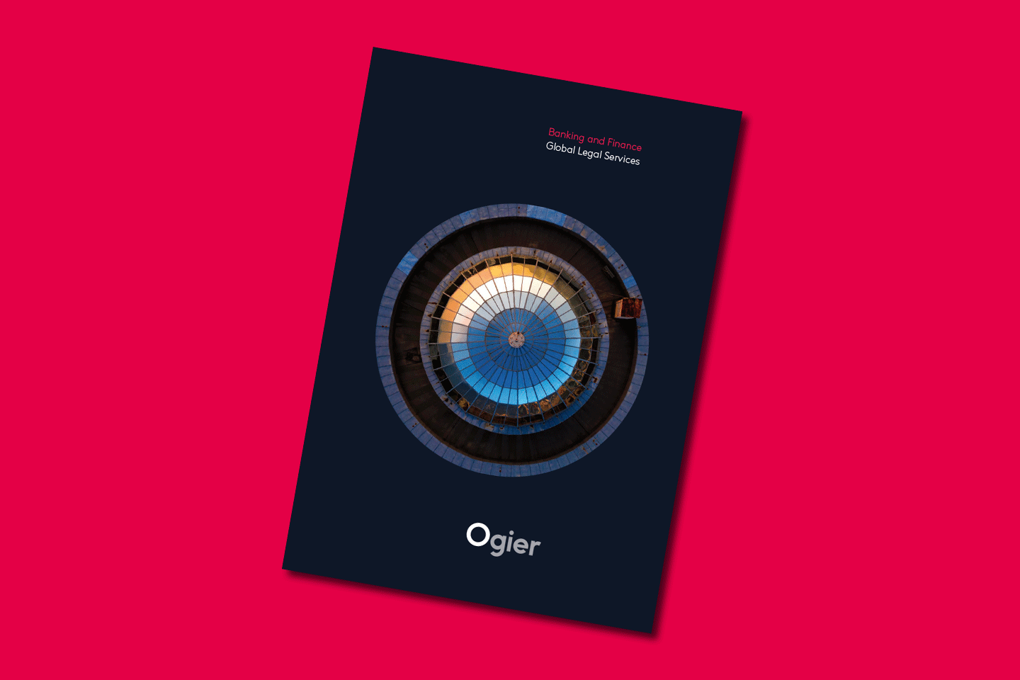 Ogier Banking and Finance Global Legal Services brochure cover with modern circular architectural design and prominent Ogier branding