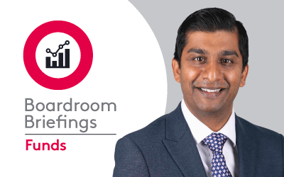 Boardroom Briefings Funds branding with stylised chart logo with Nikki Shah