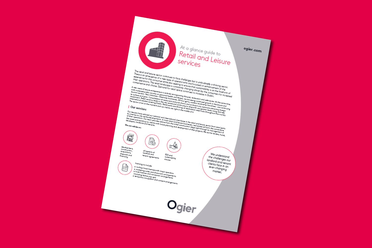 Ireland Retail and Leisure Services factsheet from Ogier summarising key service offerings, concise descriptions and branded layout with stylised icons