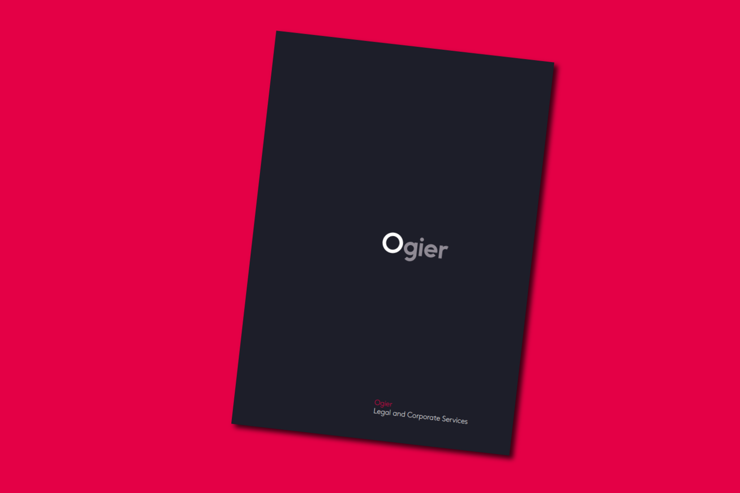 Ogier Legal and Corporate Services brochure with minimalist black cover and prominent Ogier logo in white