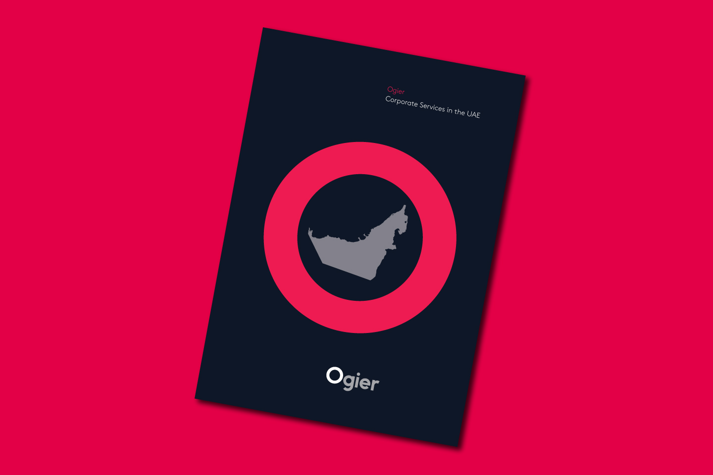 Ogier Dubai Corporate Services brochure cover features a stylised UAE map illustration within a bold circular design on a dark background