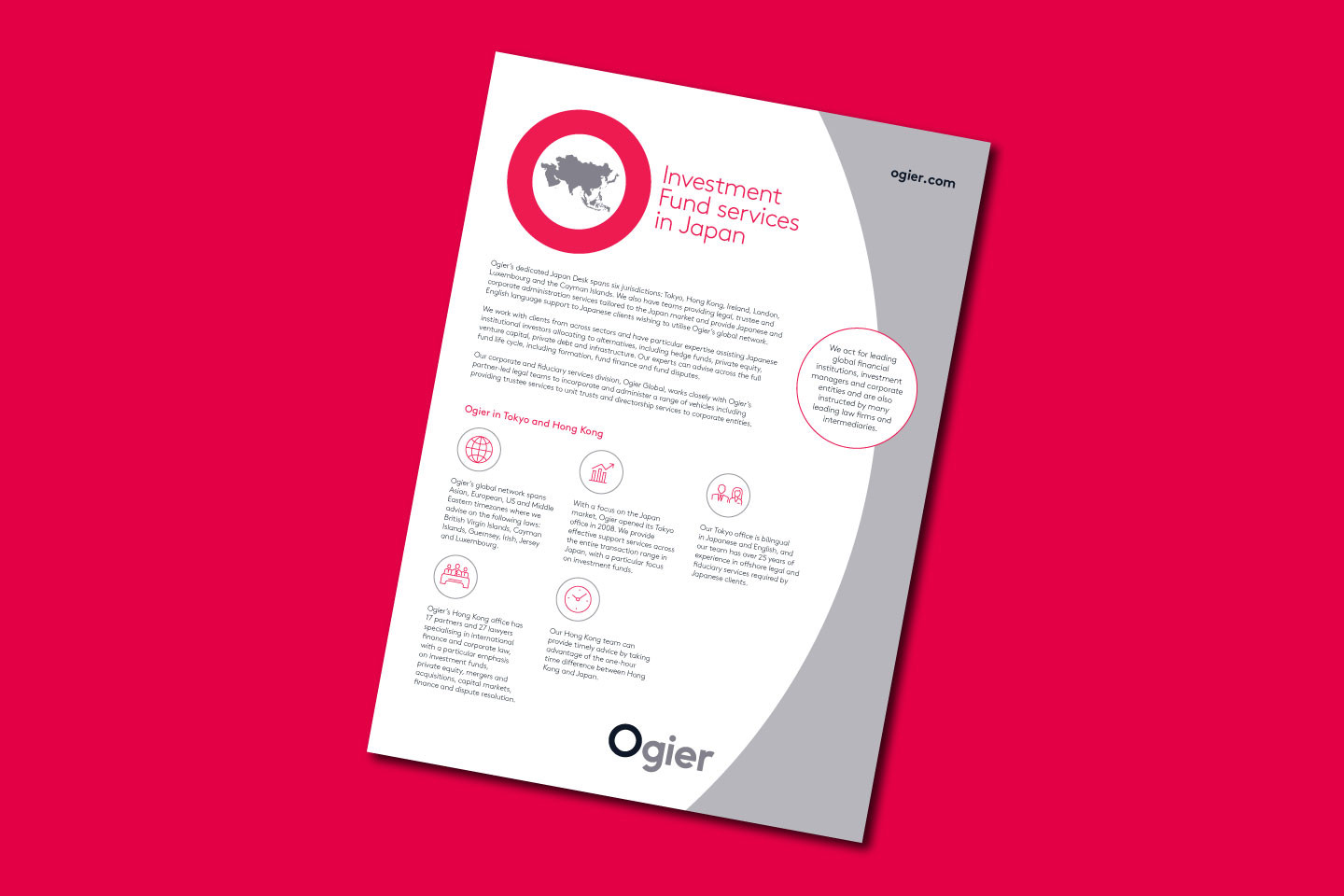 Infographic outlines Ogier’s investment fund services in Japan, featuring country silhouette icon, service highlights and illustrated sector icons