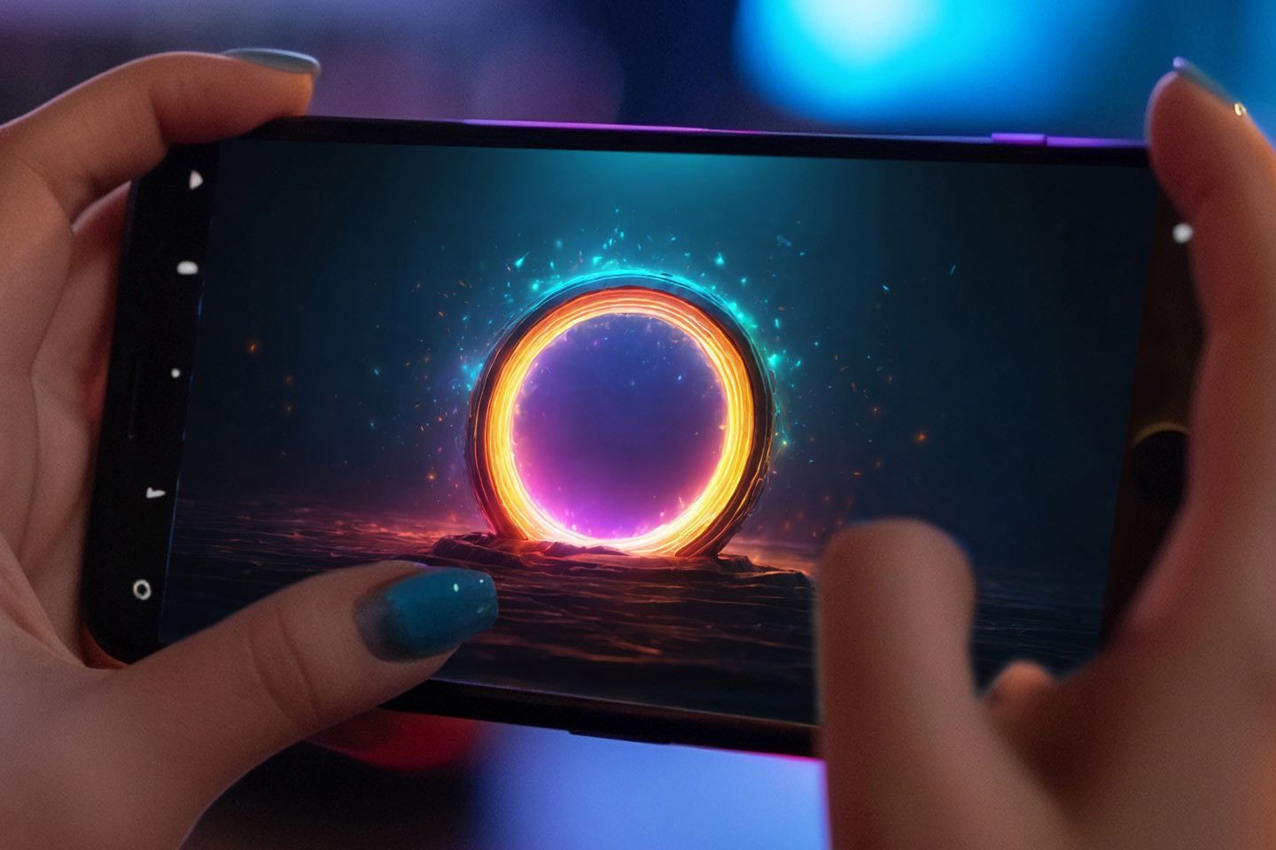 mobile phone turned landscape for game with glowing liquid O on screen