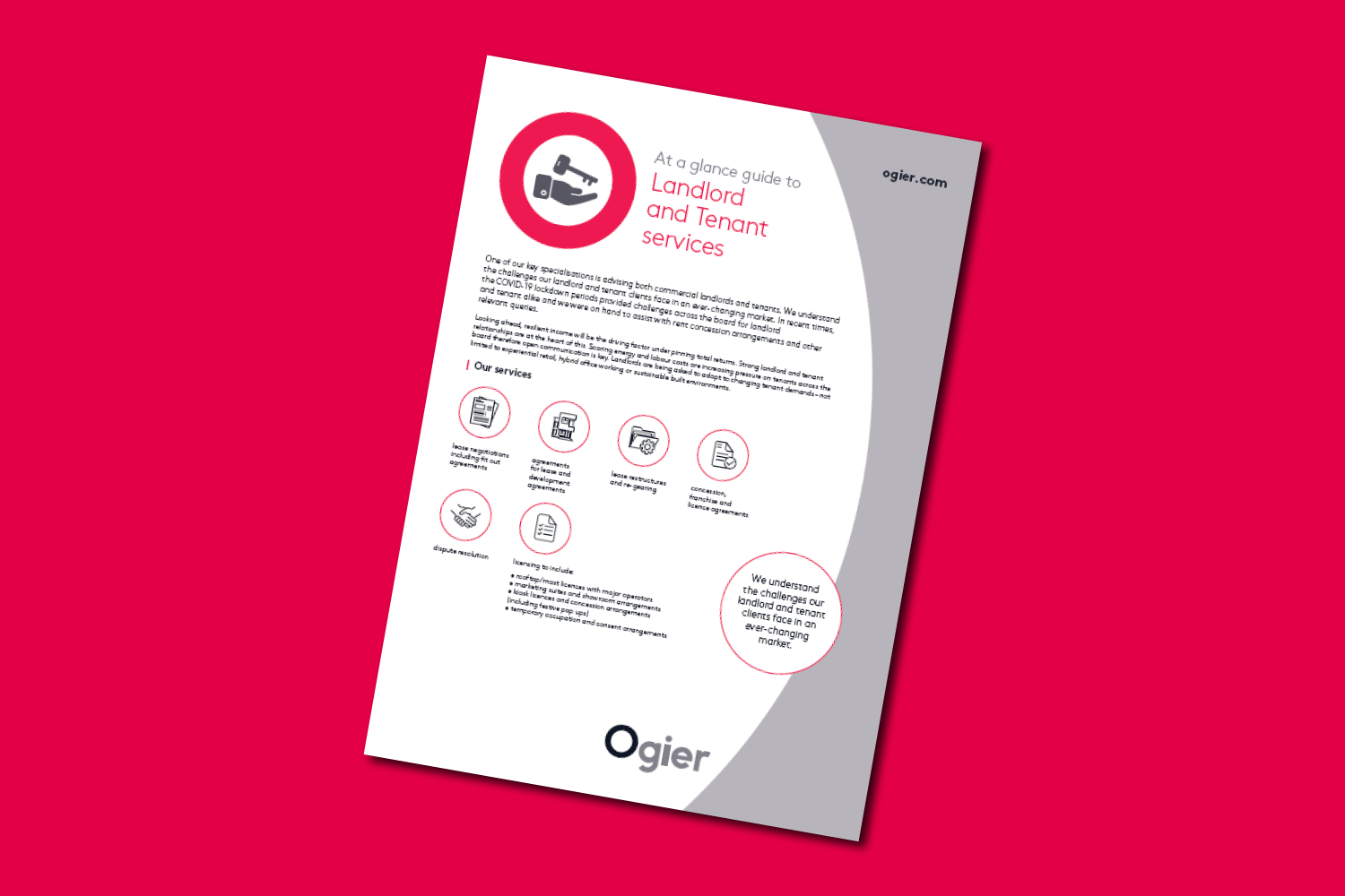 Ireland Landlord and Tenant factsheet from Ogier summarising key service offerings, concise descriptions and branded layout with stylised icons