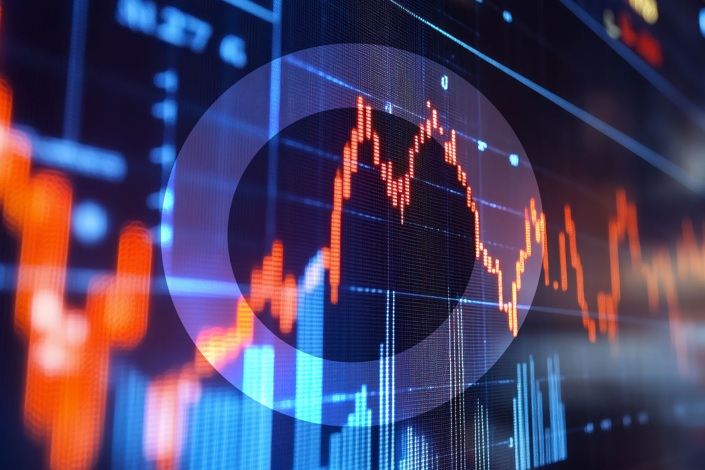 Stock market graph shown on computer screen with overlayed 'O'