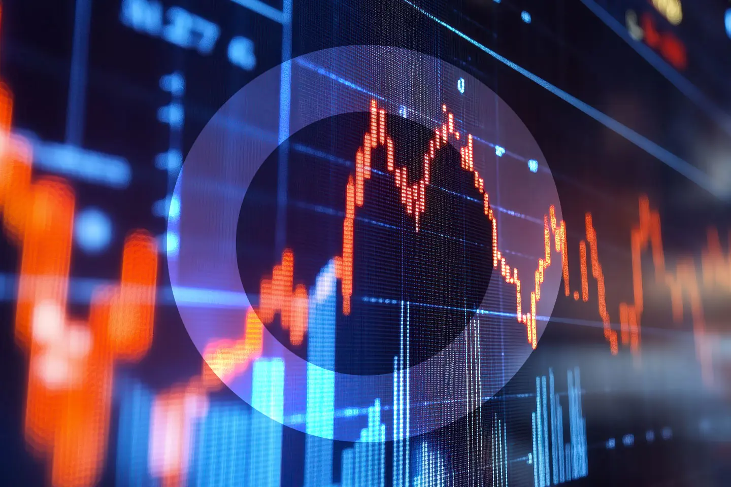 Stock market graph shown on computer screen with overlayed 'O'