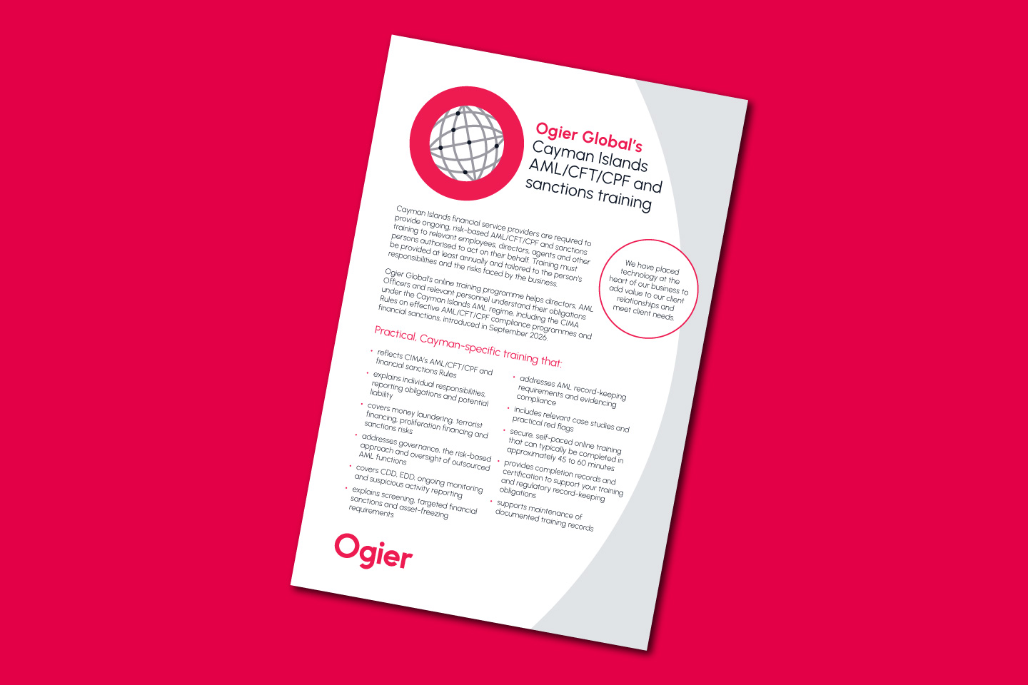 Ogier Global infographic details AML CFT training programme in Cayman with bullet points outlining programme highlights and contact details for team members
