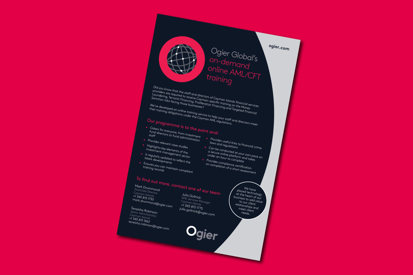 Ogier Global infographic details AML CFT training programme in Cayman with bullet points outlining programme highlights and contact details for team members
