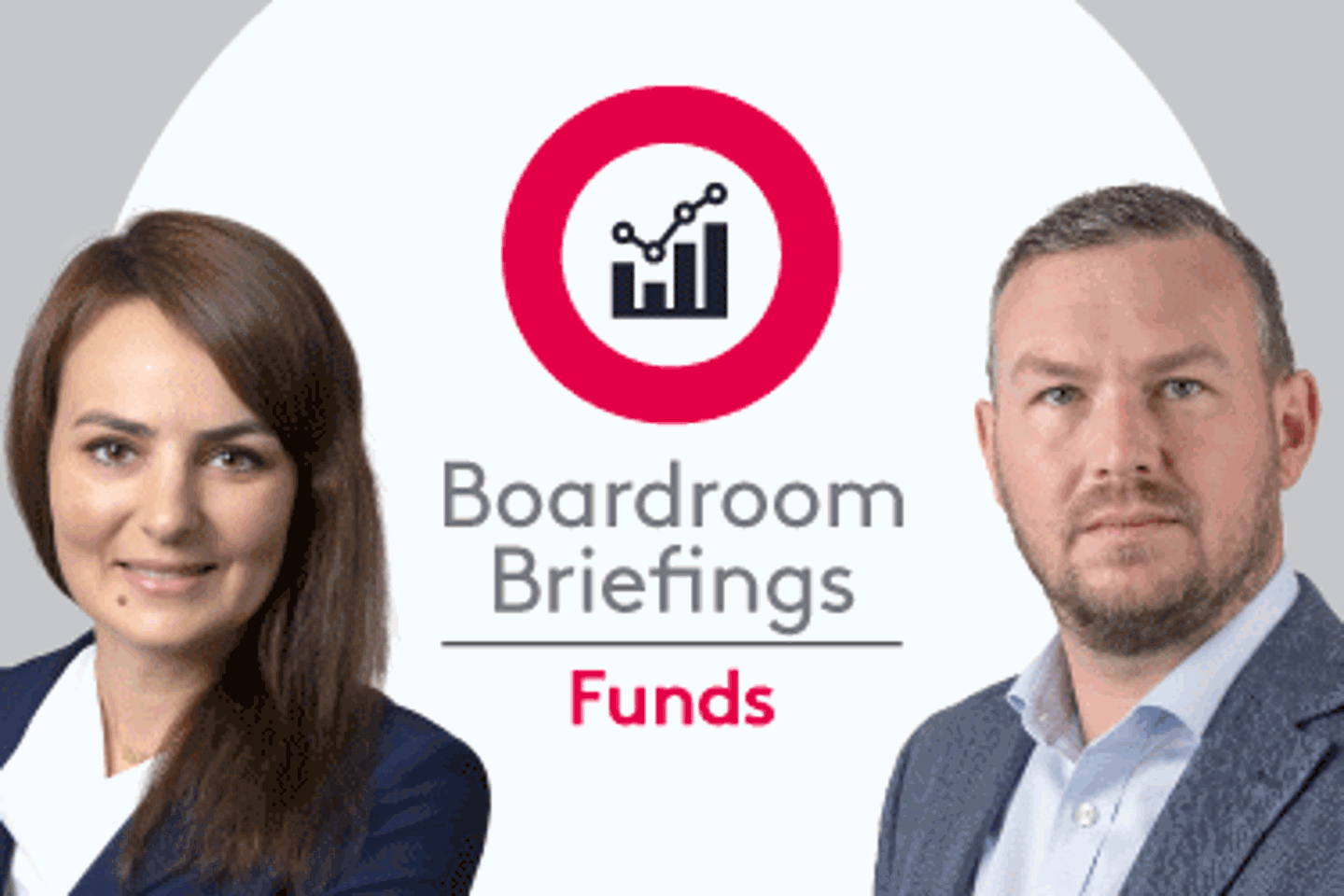 Boardroom Briefings Funds branding with stylised chart logo with Inesa Pistolas and David Fowler