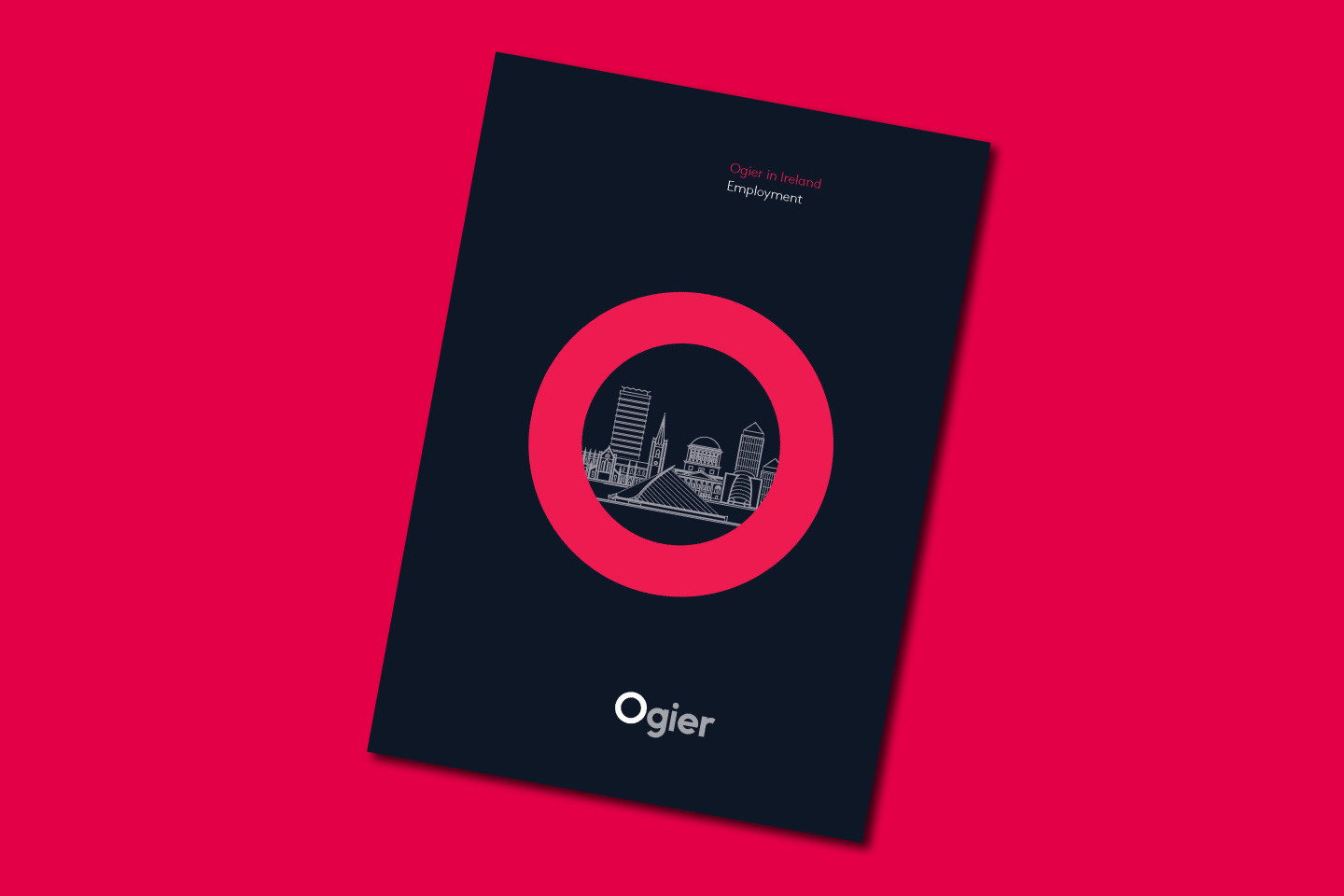 Ogier Ireland Employment cover featuring stylised cityscape illustration inside a bold pink circle with Ogier branding on dark background