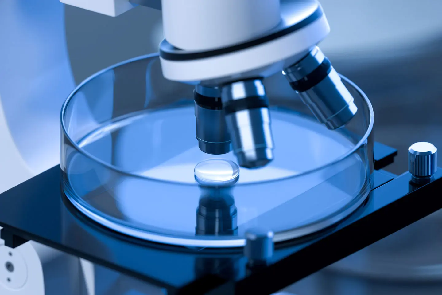 microscope looking at liquid drop in clear dish