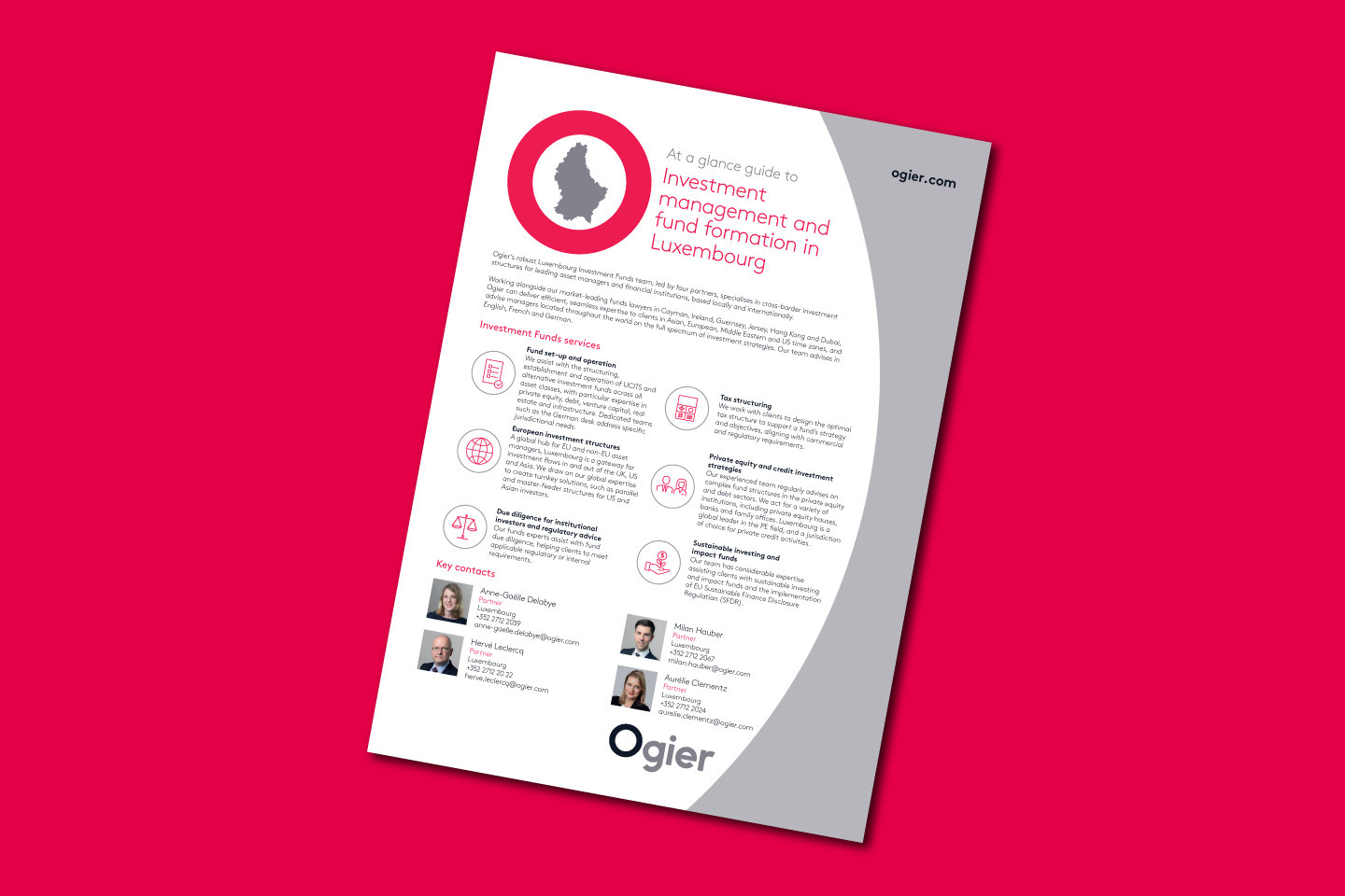 Infographic summarises key aspects of investment management and fund formation in Luxembourg, with a country silhouette icon, service highlights and contact details