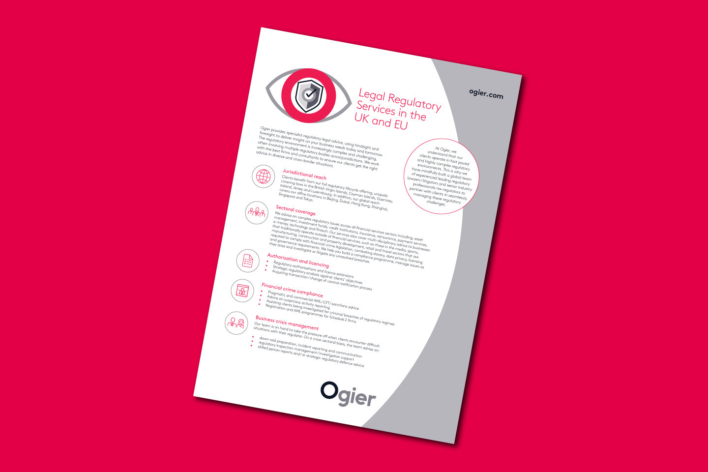Legal Regulatory Services briefing for Europe highlighting key service areas with icons and Ogier branding