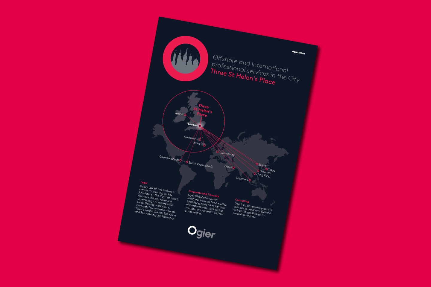 Ogier London office guide showing global map with red traces connecting major financial centres, white and pink branded details and prominent Ogier logo