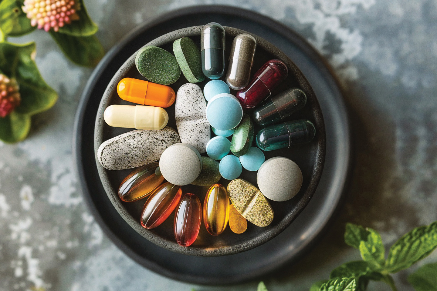 bowl of different coloured health supplements in pill form