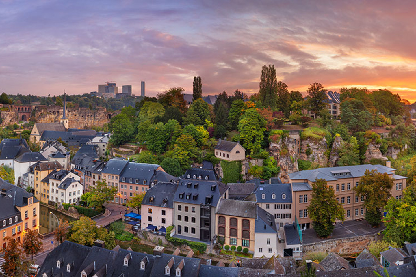 Panoramic photo of Luxembourg houses and buildings at sunset