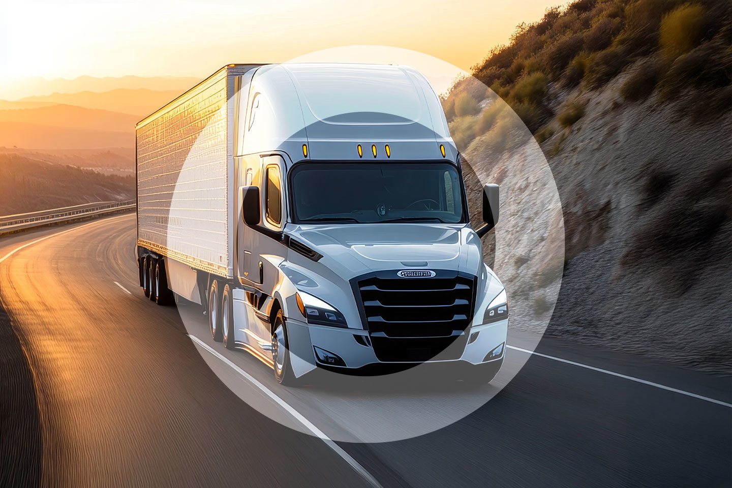 Large truck on highway with sunset background