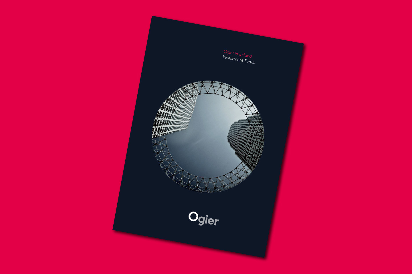 Ogier in Ireland Investment Funds brochure cover with circular geometric design, modern architecture and bold branding on a dark background