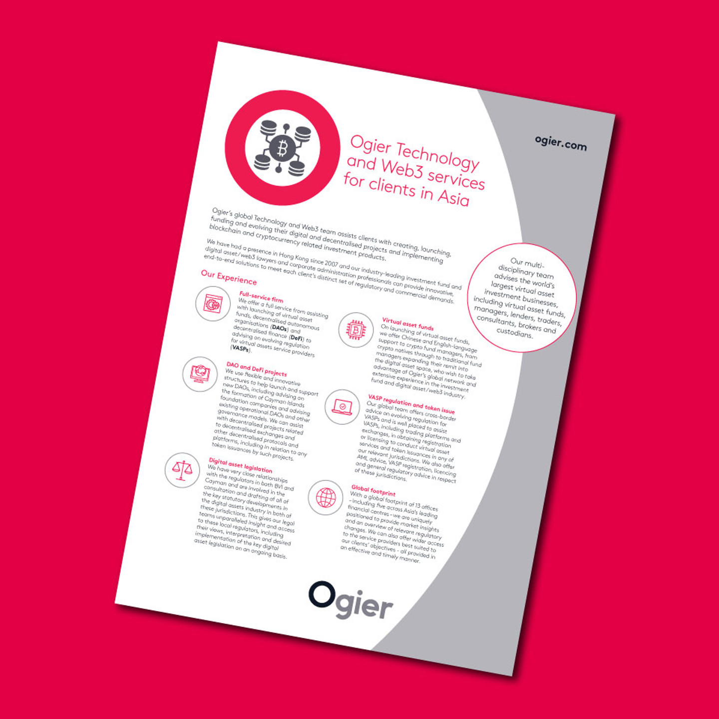 Infographic highlights Ogier’s technology and Web3 services for clients in Asia, featuring Web3 icon, service benefits and sector expertise