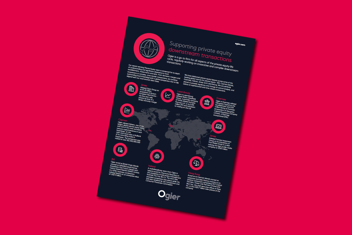 Ogier Private Equity Team factsheet outlining global support for downstream transactions with key service points, icons and a world map graphic