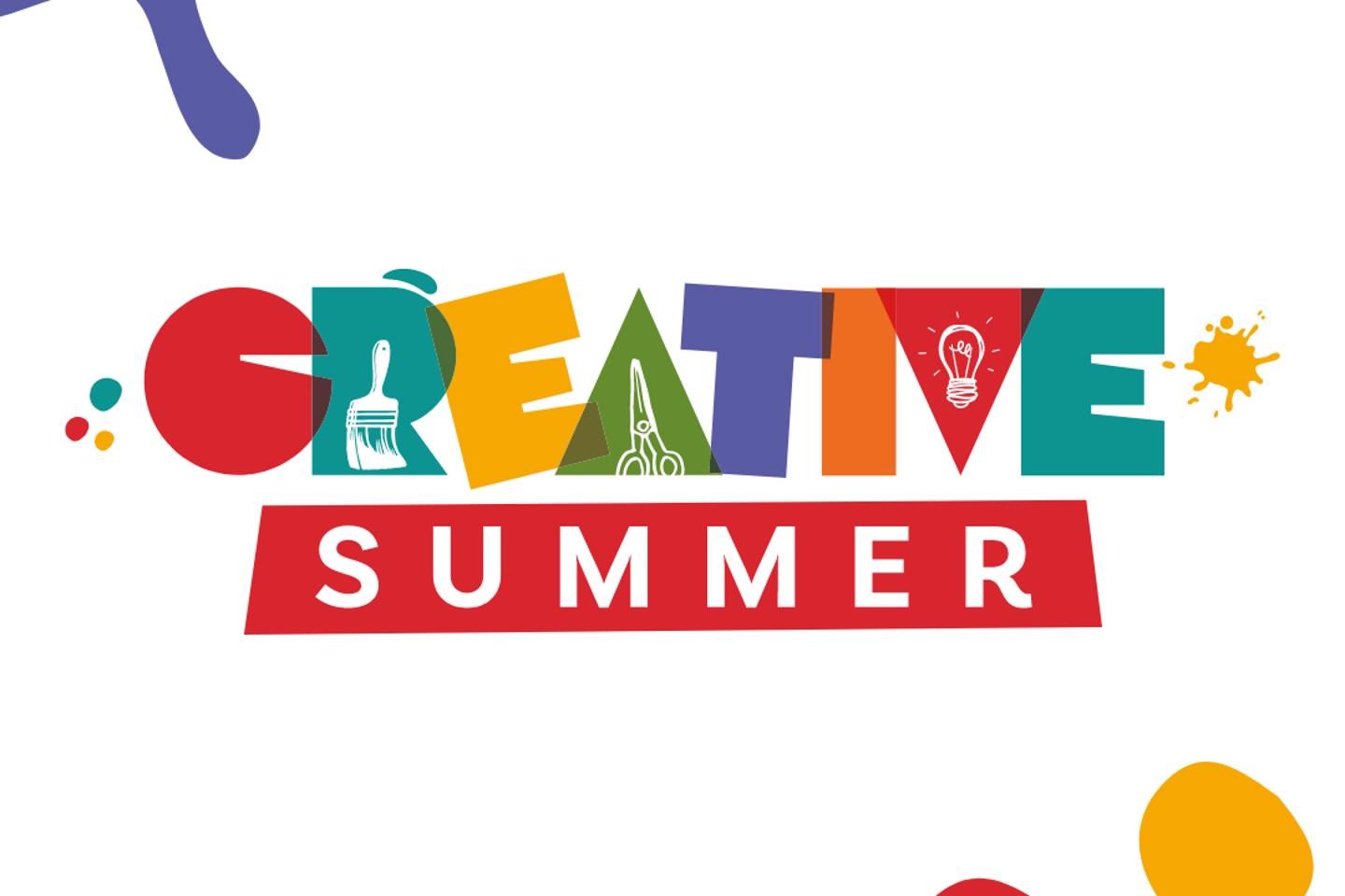 colourful Creative Summer logo with art and paint icons, promoting Jersey Heritage creative workshops for families across island heritage sites during summer holidays sponsored by Ogier.