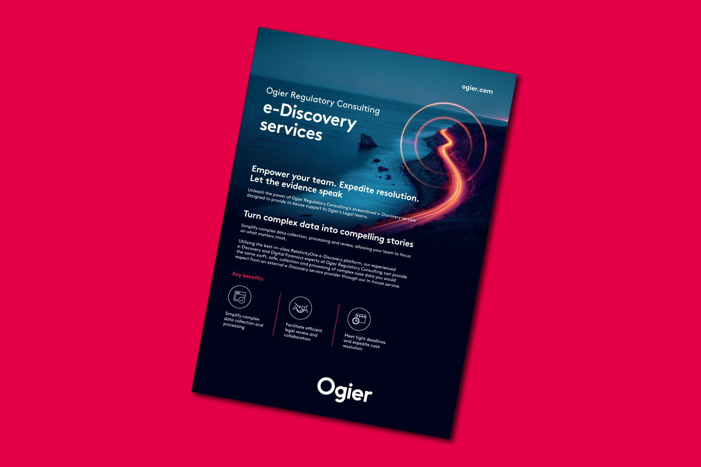 Ogier e-Discovery services promotional flyer on a red background