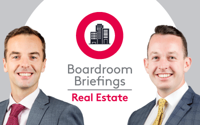 Boardroom Briefings Real Estate insights with an illustrated city buildings logo with James Philpott and Lawrie Cunningham