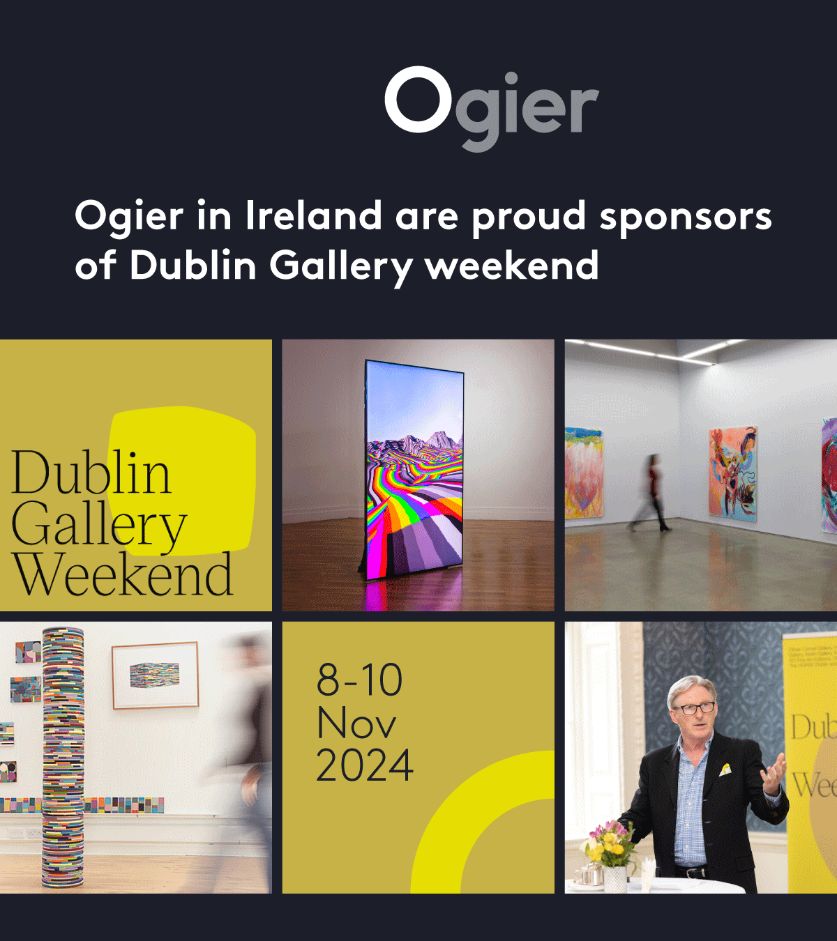 Ogier Ireland sponsorship announcement for Dublin Gallery Weekend featuring event artwork, logo and dates 8 to 10 November 2024