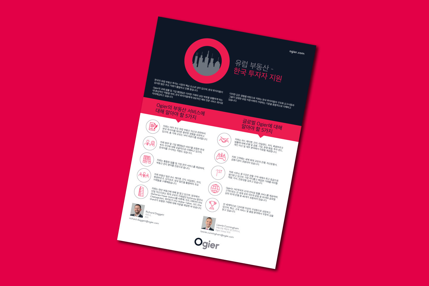 promotional flyer highlighting support for Korean investors in European real estate, with key facts about Ogier’s service