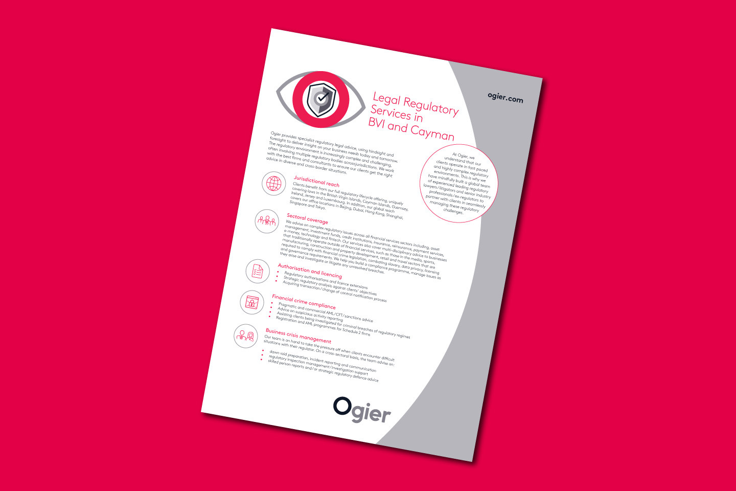 Legal Regulatory Services briefing for BVI and Cayman highlighting key service areas with icons and Ogier branding