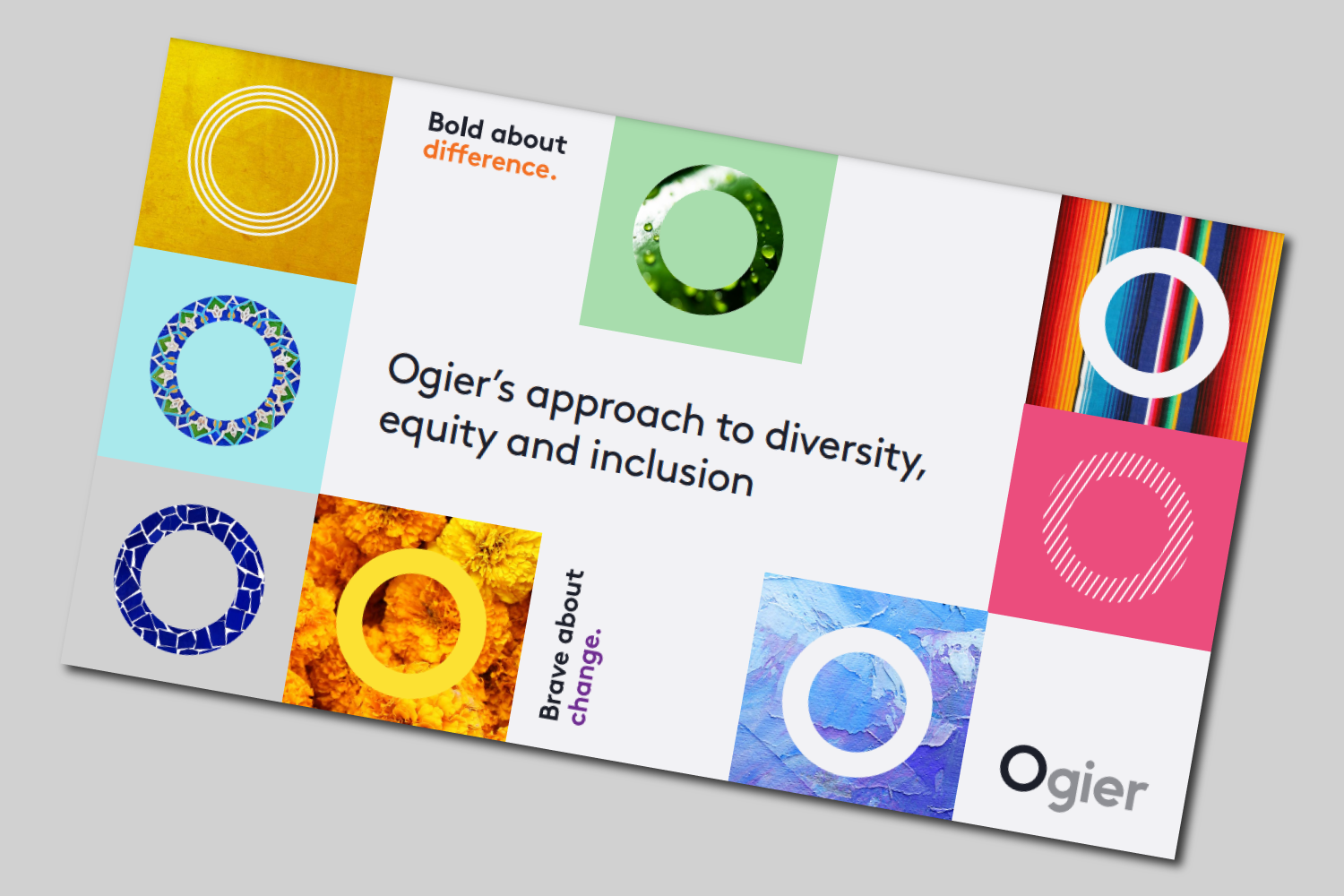 Brochure cover for Ogier’s diversity, equity and inclusion approach, featuring multiple vibrant Ogier logos