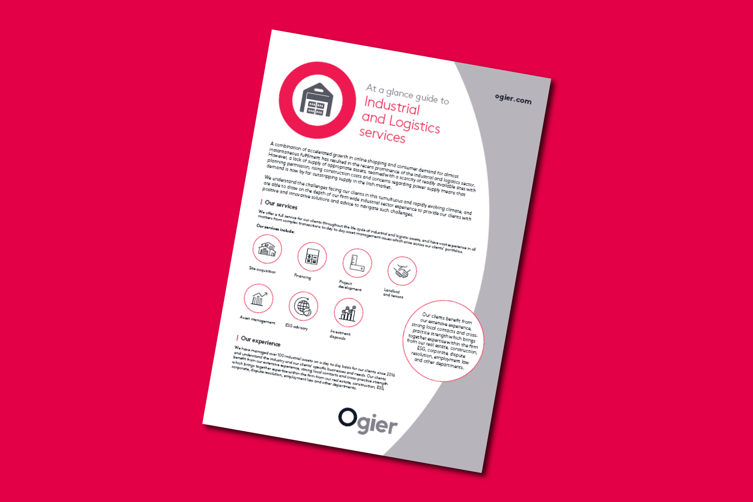Ireland Industrial and Logistics factsheet from Ogier summarising key service offerings, concise descriptions and branded layout with stylised icons