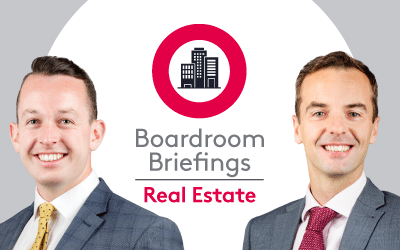 Boardroom Briefings Real Estate insights with an illustrated city buildings logo with James Philpott and Lawrie Cunningham