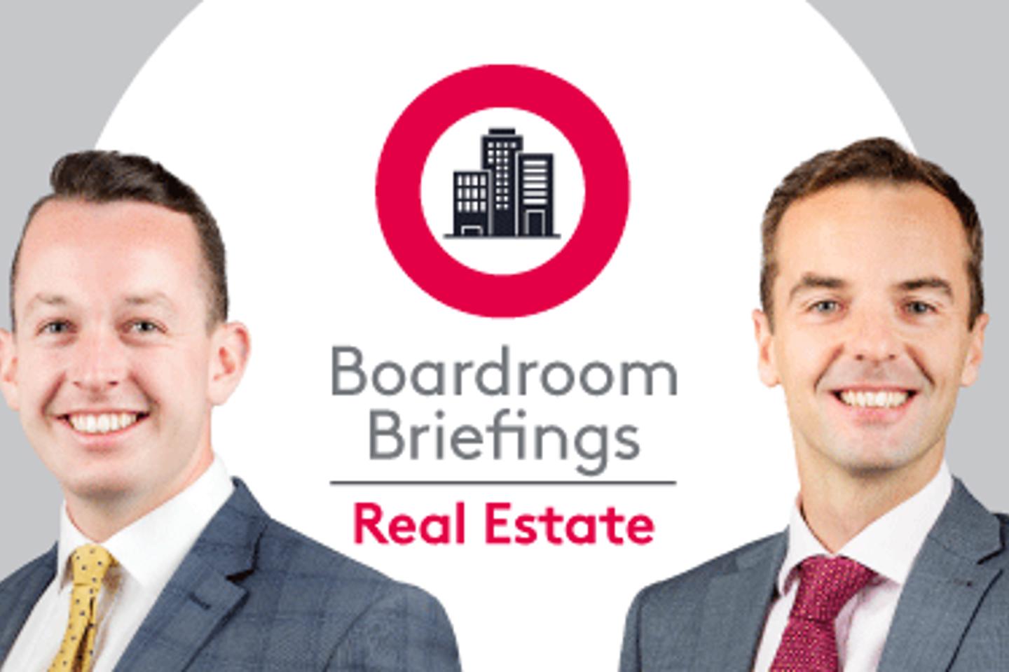 Boardroom Briefings Real Estate insights with an illustrated city buildings logo with James Philpott and Lawrie Cunningham