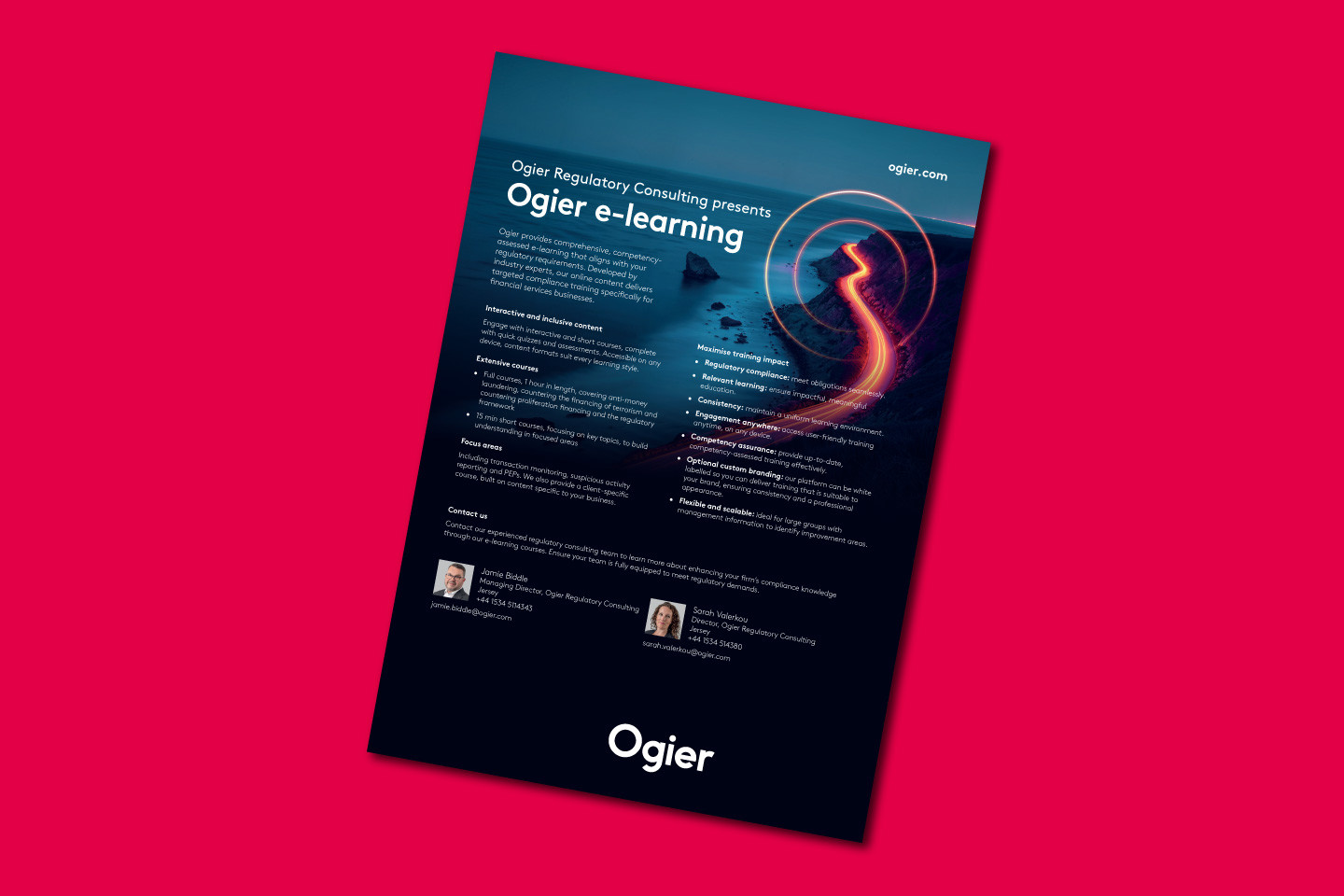 Promotional flyer for Ogier Regulatory Consulting's e-learning courses, featuring course details, contact information, and branding.