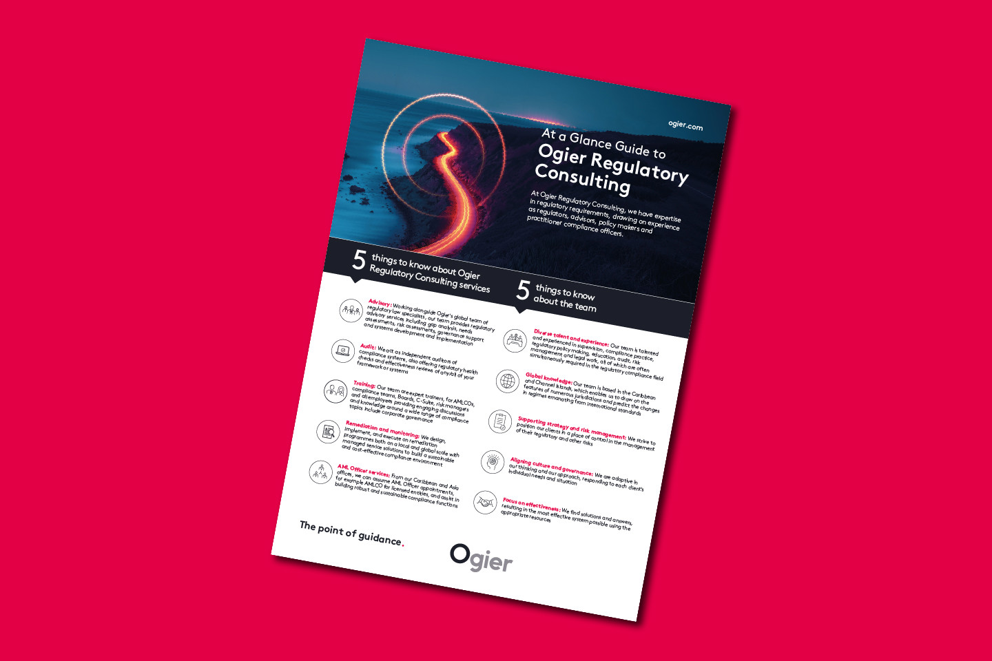 Ogier Regulatory Consulting infographic summarises main service features and team highlights alongside a glowing road