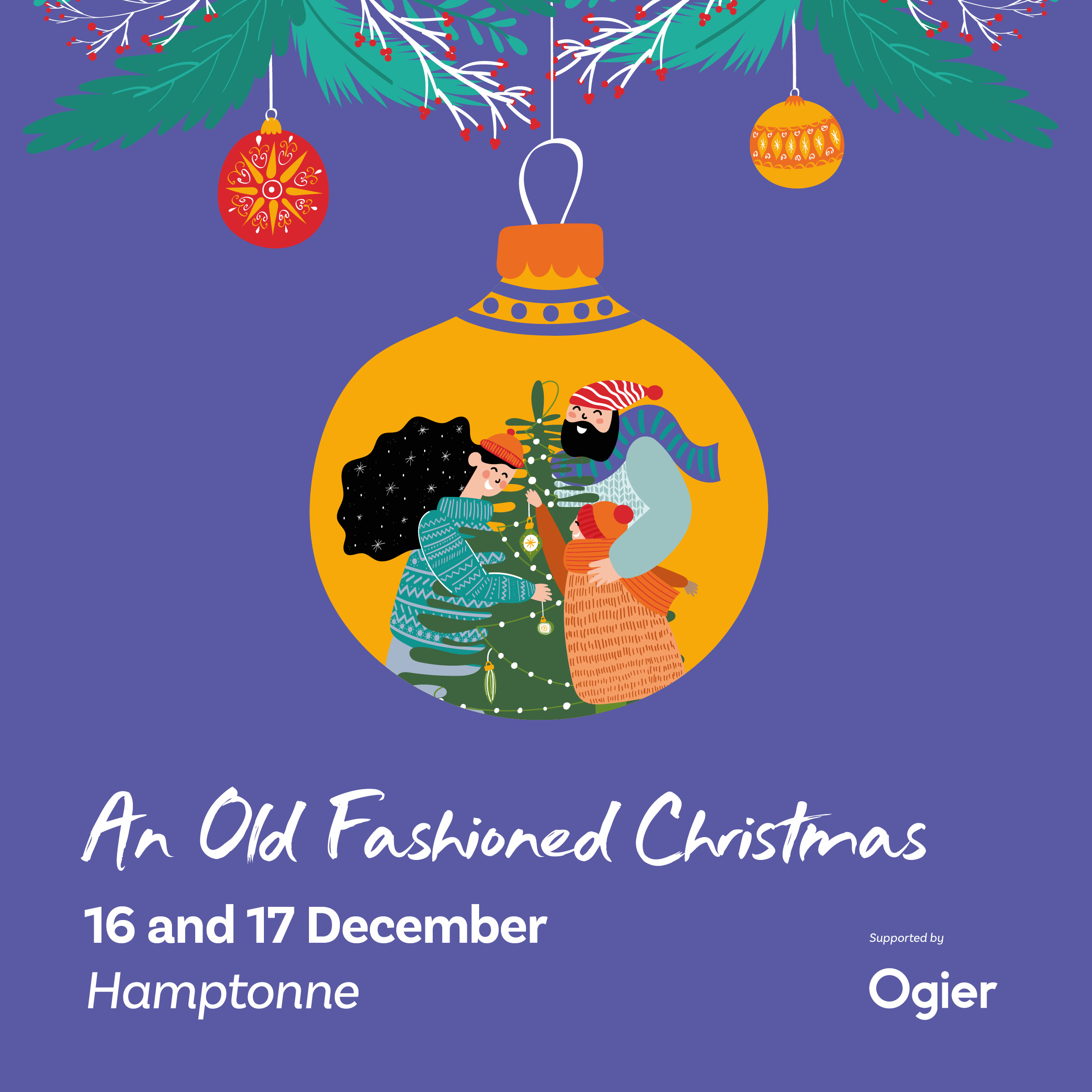 illustration of two people decorating a Christmas tree inside a festive bauble, promoting an old-fashioned Christmas event at Hamptonne illustration of two people decorating a Christmas tree inside a festive bauble, promoting an old-fashioned Christmas event at Hamptonne sponsored by Ogier on 16 and 17 December 2024